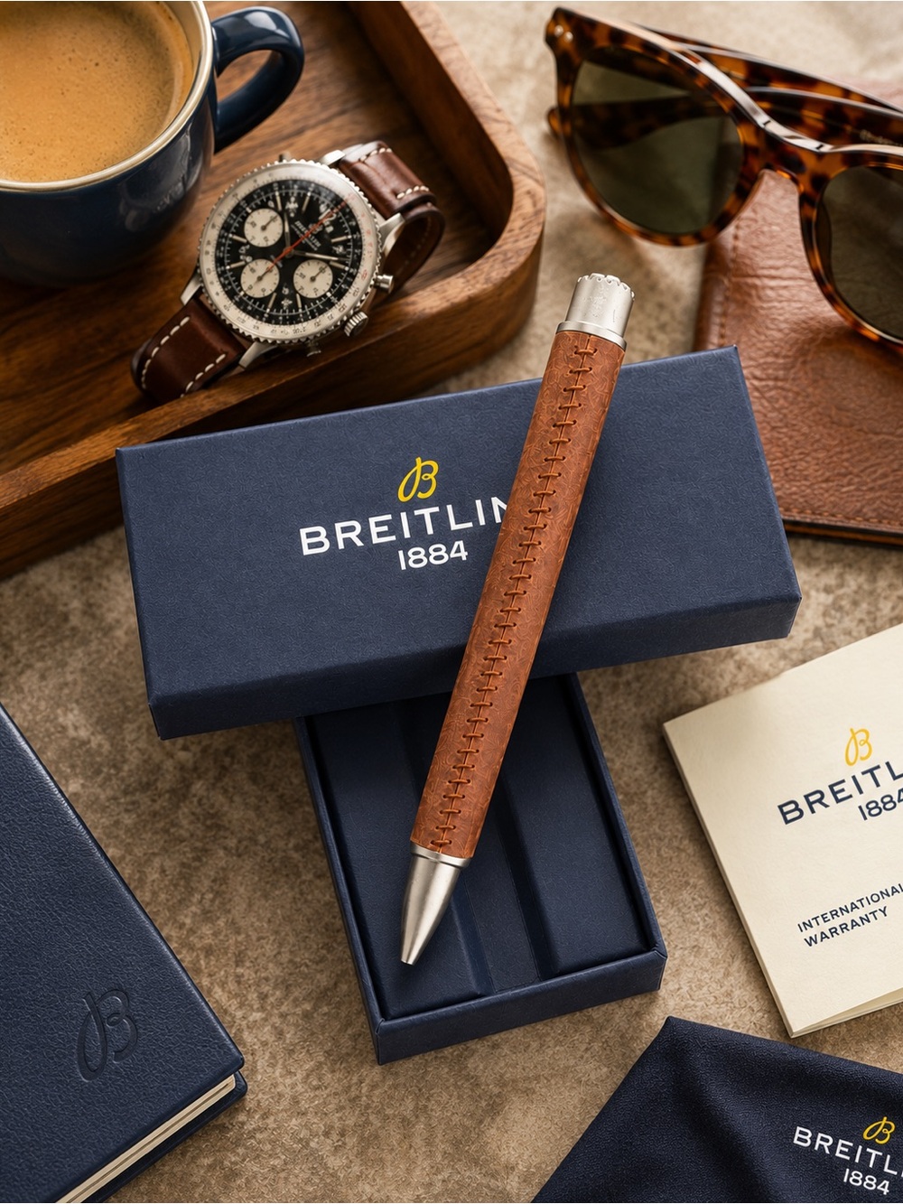Breitling Watch Rare Cross Stitch Brown Leather Ballpoint Pen NIB Blue Ink